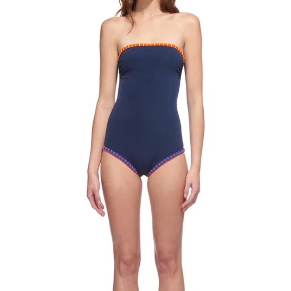 Whistles UK Bondi Bandeau Swimsuit Navy Contrast Whip Stitch Trim Strapless-10